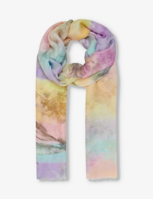 LEEM: Floral-print frayed-hem silk-blend scarf
