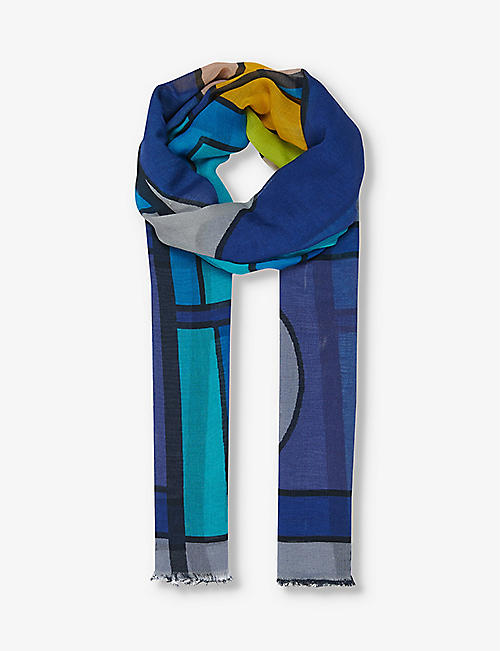 LEEM: Abstract-print frayed-hem cotton-blend scarf
