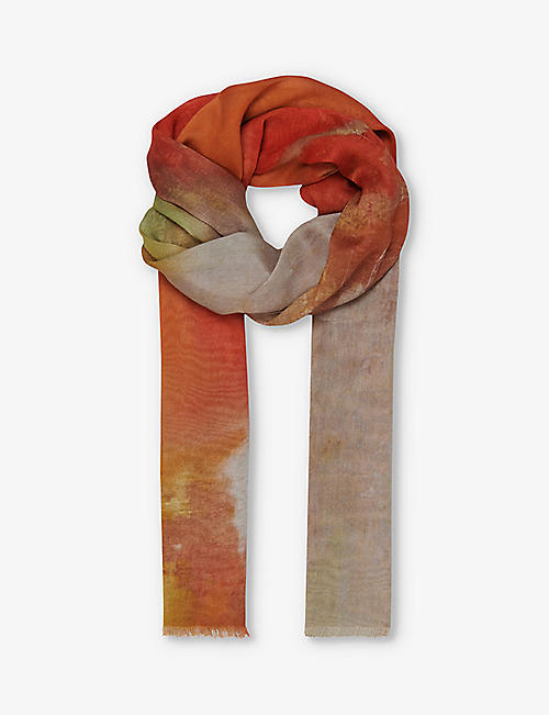 LEEM: Blurred-print fringed-trim woven scarf