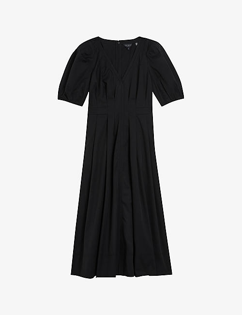 TED BAKER: Ledra V-neck puff-sleeve stretch-cotton midi dress