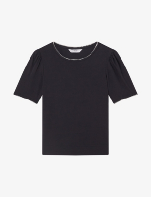 LK BENNETT: Lizzie embroidered-trim cotton-jersey T-shirt