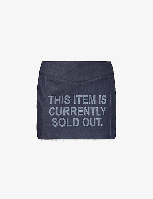 COWBOYS OF HABIT: Sold Out logo-pattern stretch-denim mini skirt