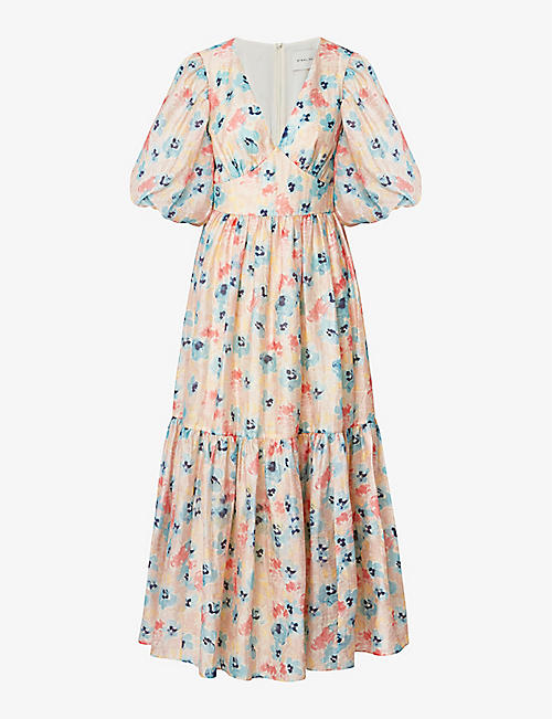 MALINA: Freya floral-print puff-sleeve linen-blend midi dress
