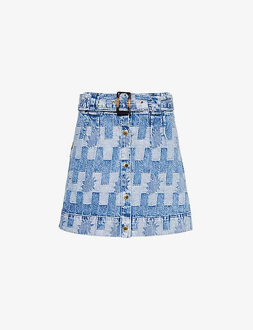 BARBOUR: Bowhill belted patterned-denim mini skirt