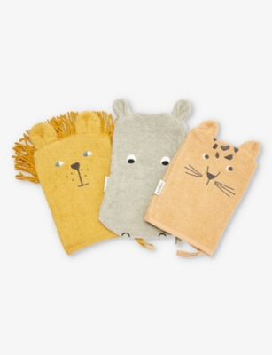 LIEWOOD: Animal embroidered-motif set of three organic-cotton washcloths