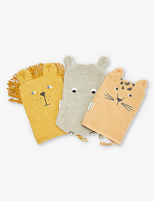 LIEWOOD: Animal embroidered-motif set of three organic-cotton washcloths