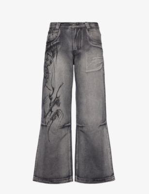 JADED LONDON: Colossus abstract-print wide-leg denim-blend jeans