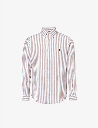 POLO RALPH LAUREN: Stripe-pattern brand-embroidered linen shirt