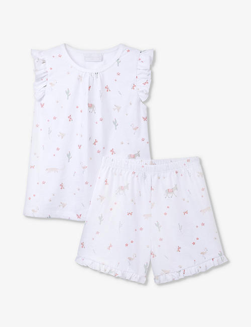 THE LITTLE WHITE COMPANY: Graphic-print ruffle-trim organic-cotton short pyjamas 1-6 years