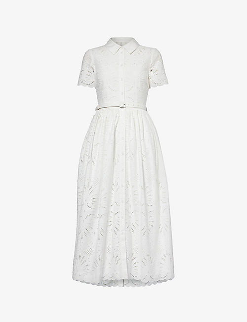 SELF-PORTRAIT: Broderie-anglaise belted-waist cotton midi dress