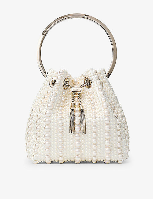 JIMMY CHOO: Bon Bon pearl-embellished satin top-handle bag
