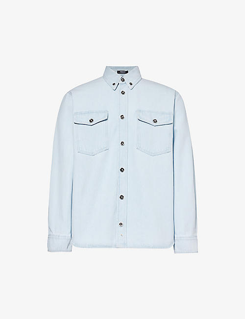 VERSACE: Embossed-hardware relaxed-fit denim shirt