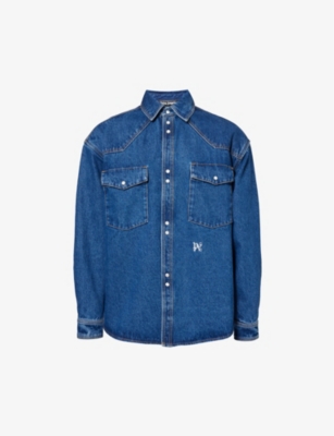 PALM ANGELS: Brand-embroidered point-collar denim shirt