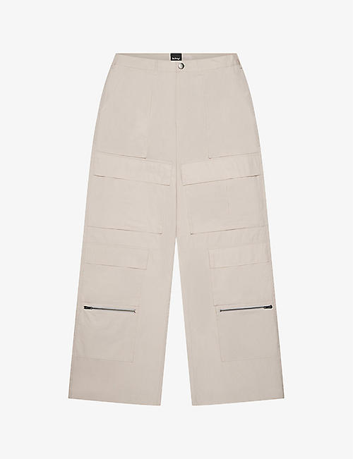 KHY: Zipped-pocket oversized-fit wide-leg low-rise woven cargo trousers