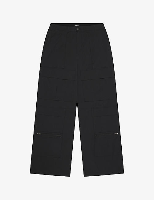 KHY: Zipped-pocket oversized-fit wide-leg low-rise woven cargo trousers