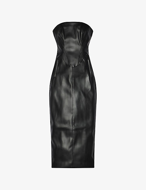KHY: Strapless zip-slit faux-leather midi dress