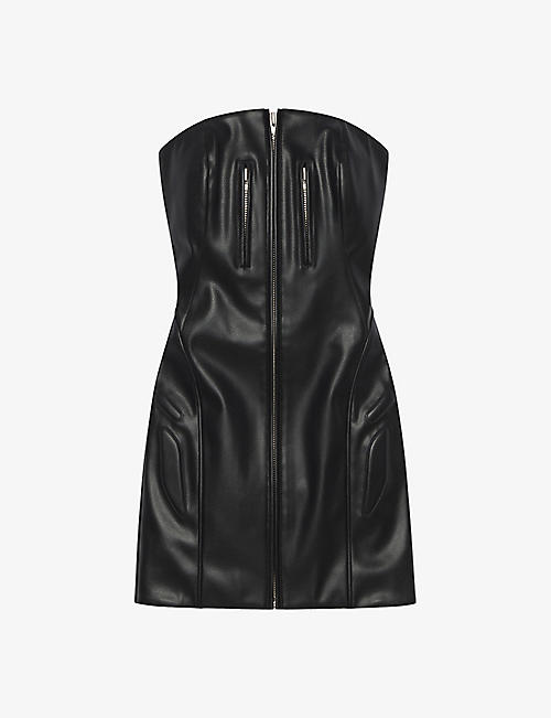 KHY: Strapless zip-through faux-leather mini dress