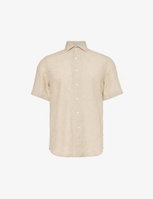 CORNELIANI: Short-sleeved point-collar linen shirt