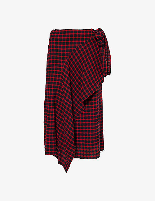 SHANG XIA: Checked wrap-front wool-blend midi skirt