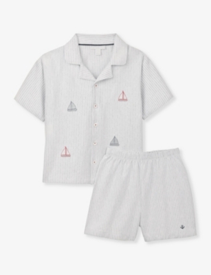 THE LITTLE WHITE COMPANY: Sailboat-embroidered stripe organic-cotton pyjama set 1-6 years