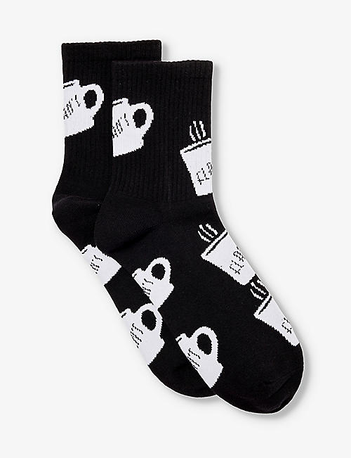 FLAN: Mug-pattern knitted cotton mid-calf socks