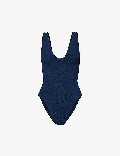 HUNZA G: Sadie scoop-neck crinkle-textured swimsuit