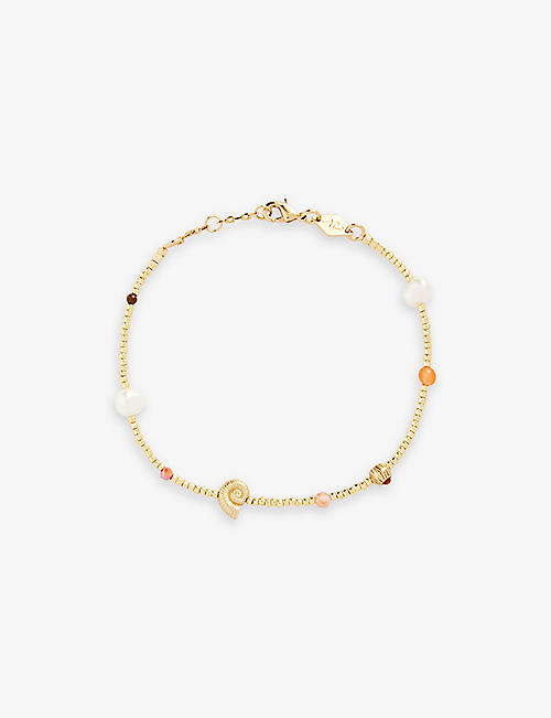 ANNI LU: Shell-bead 18ct yellow gold-plated brass, gemstone and faux-pearl bracelet