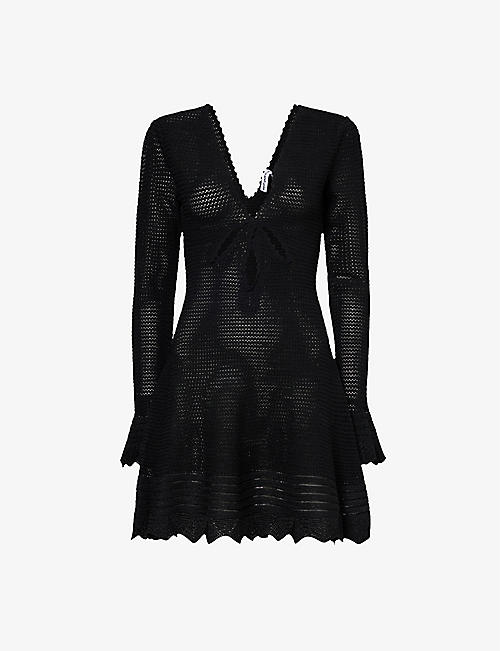 SELF-PORTRAIT: Long-sleeved cut-out knitted mini dress