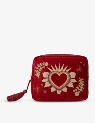 THE ALKEMISTRY: Elizabeth Scarlett scared-heart embroidered cotton-velvet wash bag