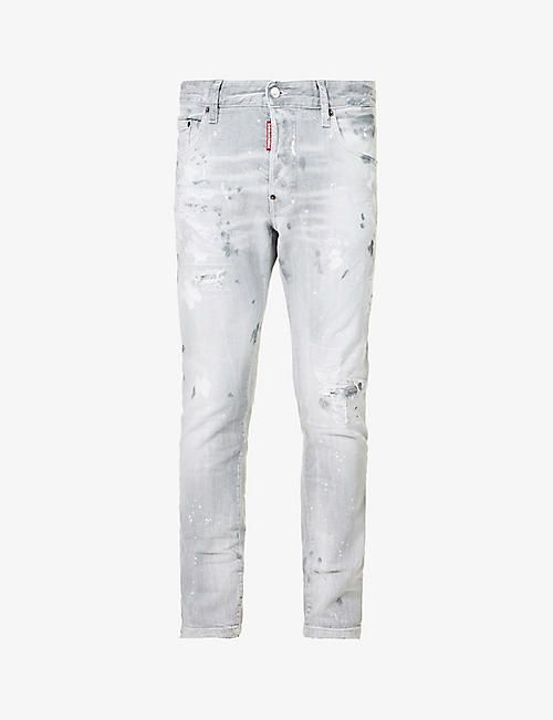 DSQUARED2: Abstract-print slim-fit distressed stretch-denim jeans