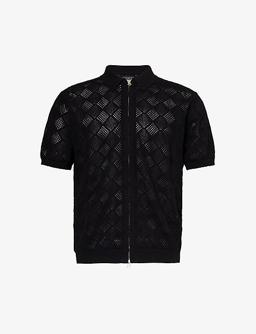 BEAMS PLUS: Zip open-knit cotton knitted polo shirt