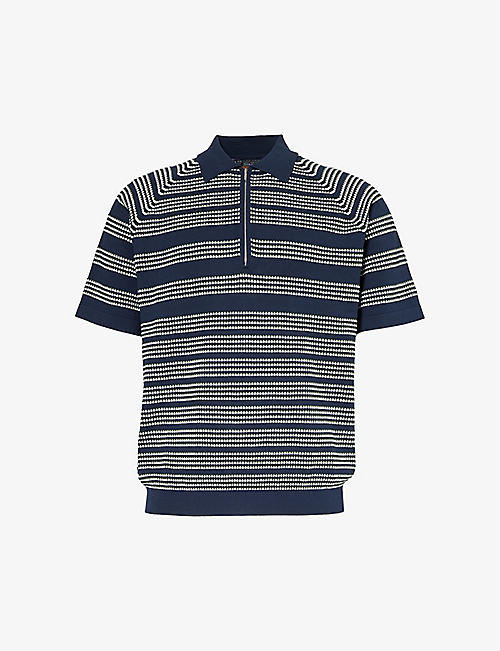 BEAMS PLUS: Zip stripe-pattern cotton knitted polo shirt