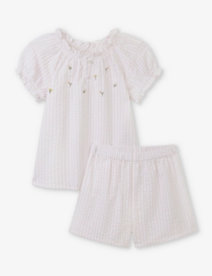 THE LITTLE WHITE COMPANY: Floral-embroidered puff-sleeve seersucker cotton pyjamas 7-12 years