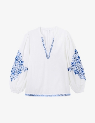 THE WHITE COMPANY: Embroidered V-neck organic-cotton blouse