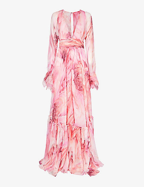 ROBERTO CAVALLI: Floral-print long-sleeve silk maxi dress
