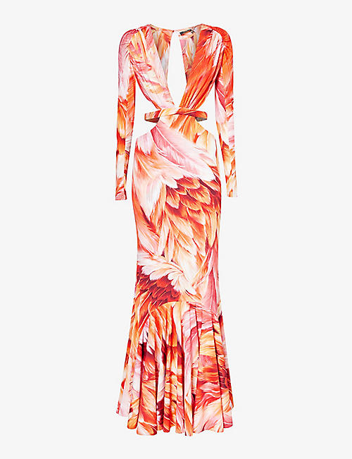 ROBERTO CAVALLI: Floral-print long-sleeve stretch-woven maxi dress