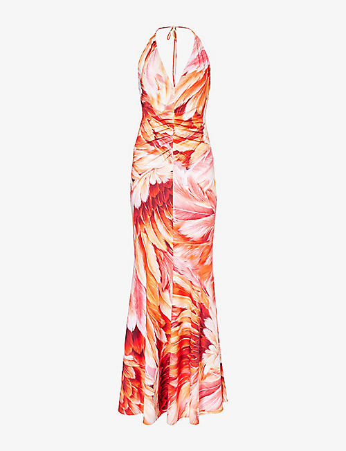 ROBERTO CAVALLI: Floral-print halterneck stretch-woven maxi dress