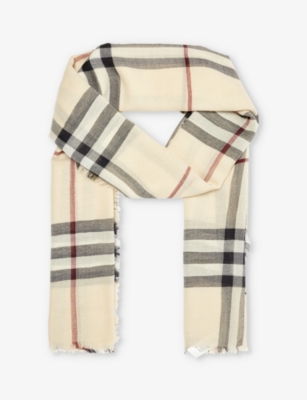 BURBERRY: Checked frayed-trim wool scarf