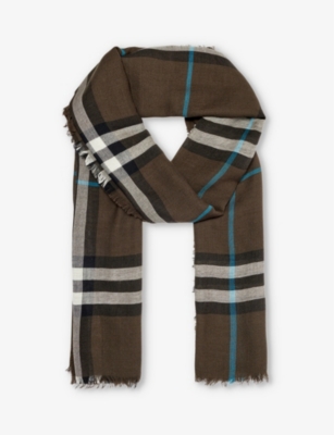 BURBERRY: Checked frayed-trim wool scarf