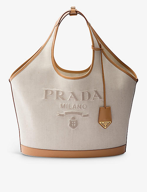 PRADA: Logo-embossed large linen and leather tote bag