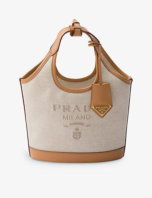 PRADA: Logo-embossed mini linen and leather tote bag