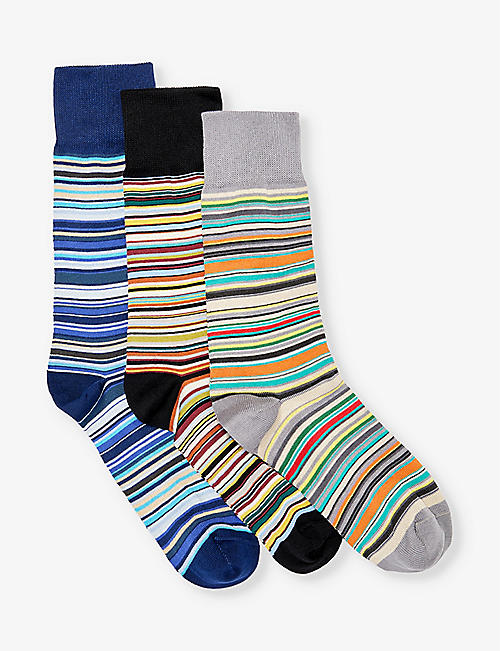 PAUL SMITH: Signature stripe-pattern pack of three cotton-blend knitted socks
