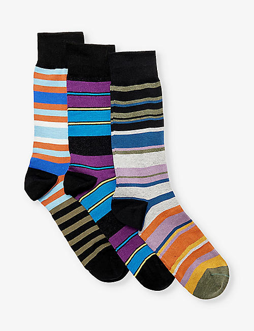 PAUL SMITH: Multi stripe-pattern pack of three stretch-cotton knitted socks