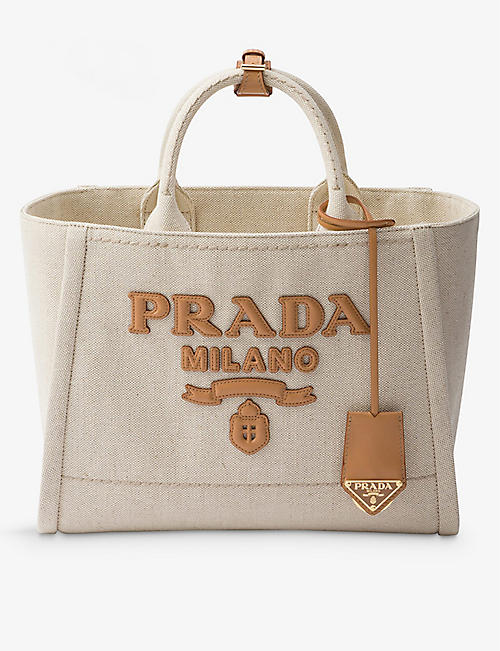 PRADA: Brand-typography linen-blend tote bag