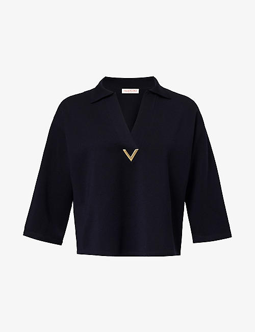 VALENTINO GARAVANI: V-neck logo-plaque wool jumper