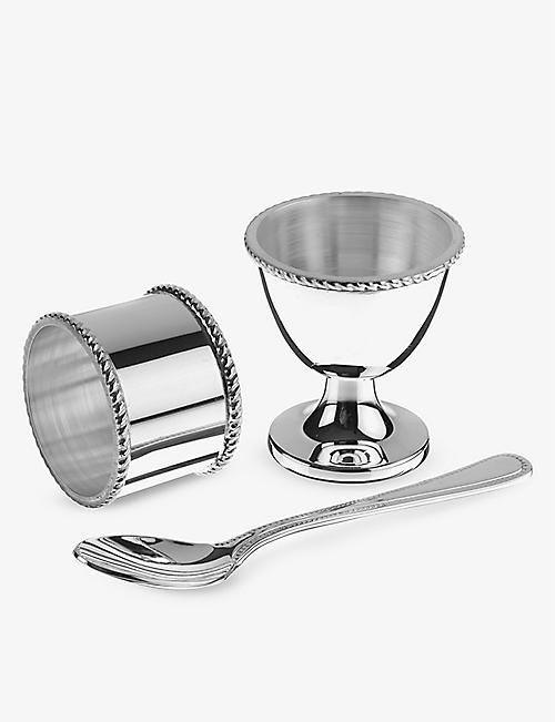 ARTHUR PRICE: Engraved egg-cup, napkin-ring and spoon silver-plated set