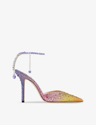 JIMMY CHOO: Saeda 100 crystal-embellished satin heeled courts