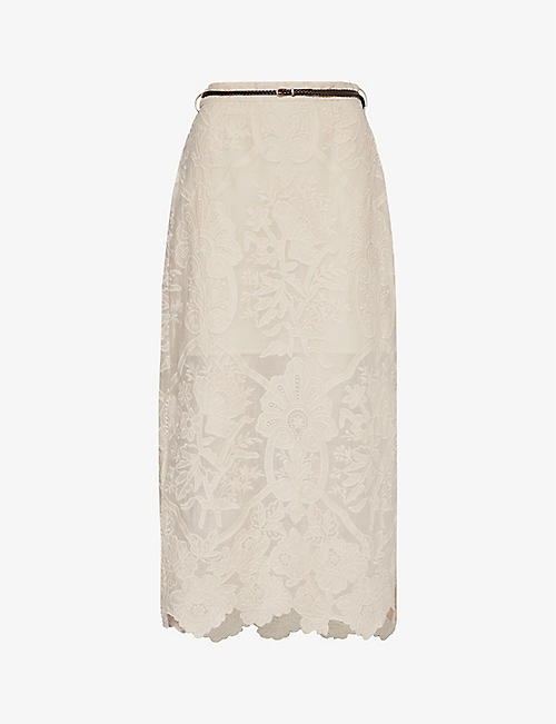 ZIMMERMANN: Ottie floral-embroidered linen midi skirt