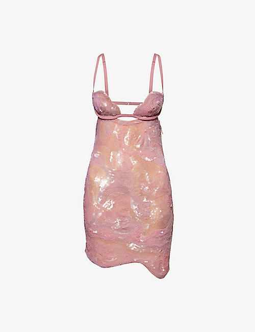 NENSI DOJAKA: Heartbeat asymmetric sequinned mesh mini dress