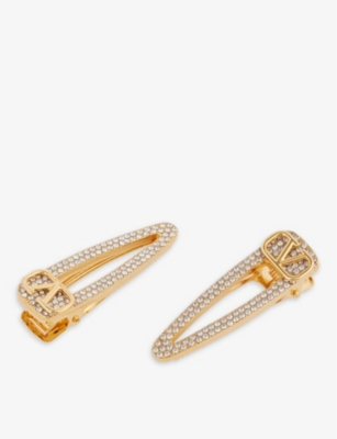 VALENTINO: Crystal-embellished pack of two metal hair clips